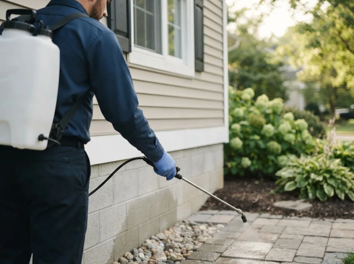 Pest control technician inspecting a home in Alma, IL